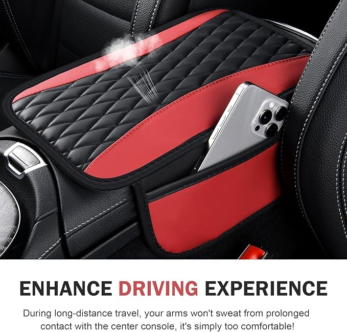 Car Center Console Cover, Upgraded Patchwork Leather Arm Rest Cover with Side Storage Pockets, Comfortable Auto Armrest Protector Cushion, Universal Middle Console Pad for SUV, Sedan (Red)