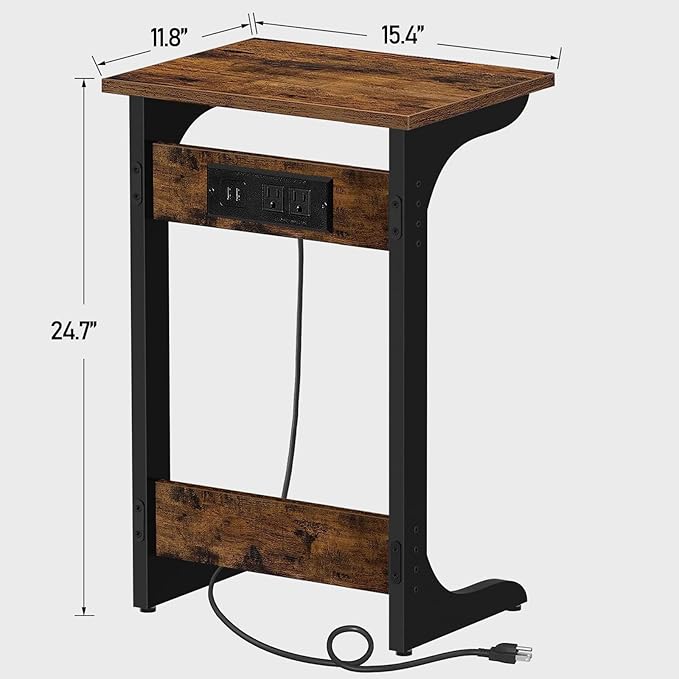 TUTOTAK C Shaped End Table with Charging Station, Side Table, Couch Table for Small Spaces, Tv Tray Table with 2 USB Ports and Outlets, Living Room, Bedroom V1TB01BB044