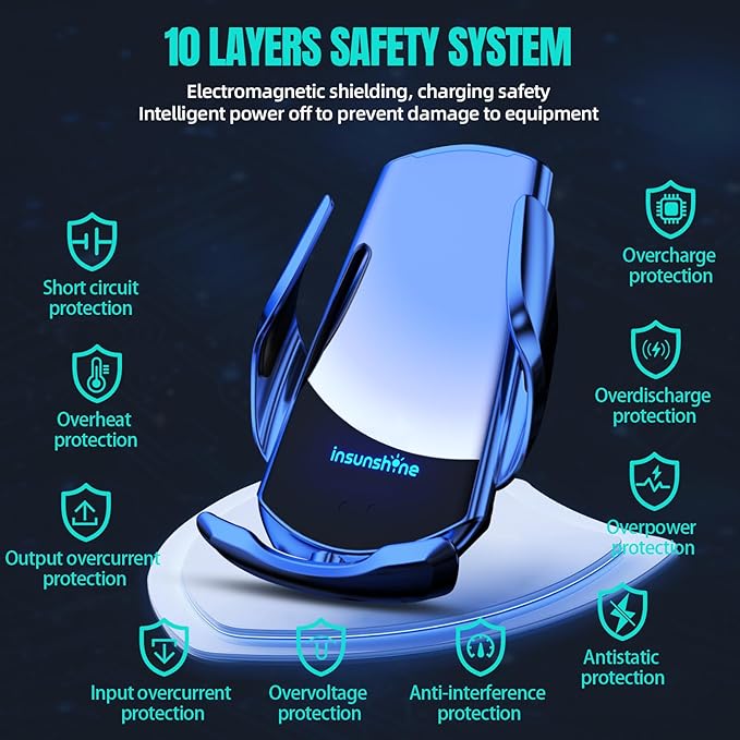 Wireless Car Charger, MAX 15W Fast Charging Auto Clamping, Sensing Phone Holder Mount, fit for iPhone 16 15 14 13 12 Pro Max Xs X, Samsung Galaxy S24 Ultra S23 S22 S21 S20 Note 20 (3-Blue)