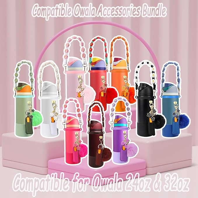 Compatible for Owala Accessories Bundle: Silicone Boot for 24oz & 32oz Bottles, Charms, Handle, Strap, Rubber Bottoms, and Decorative Add-ons for Your Compatible for Owala Water Bottle, Black Cherry