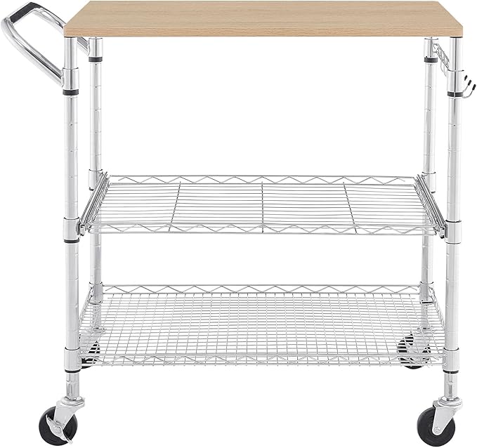 3 Tier Rolling Kitchen Cart with Wood Tabletop, Kitchen Island Carts with Wheels & Slider Shelf, Microwave Cart on Wheels, Coffee Cart with Hooks, 35.4" L*18.1" W*31.9" H,Wood+Chrome