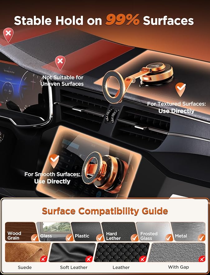Car Phone Holder – 360° Magnetic Car Phone Mount with Metal Long Arm & Extended Reach 2026 Tesla Phone Holders for Your Car for iPhone 17 Pro Max 16 15 14 13 12 Plus, Orange