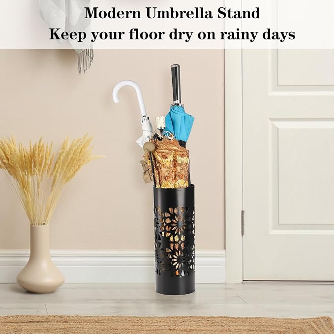 Bekith Metal Umbrella Holder, Free Standing Umbrella Stand for Entryway, Canes Walking Sticks Holder for Home, Office, 6.7" x 6.7" x 16.5", Round, Black
