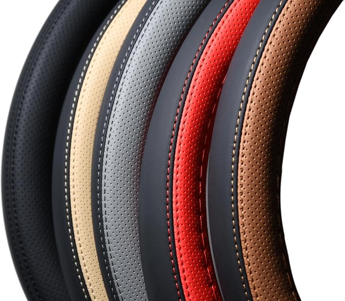 Nappa Napa Leather & Stitched Perforated Leather Steering Wheel Cover with Rubber Shaping Interior for Volvo XC60 XC90 XC40 S60 V60 C40 14½ to 15 inches SW