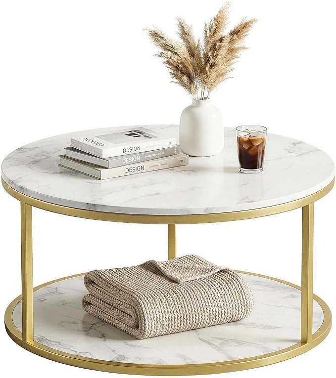 YESHOMY 36" Round Coffee Table, 2-Tier Wood Center Table with Storage Shelf, Heavy-Duty Metal Frame, Easy Assembly, Ideal for Living Room & Small Spaces, Black