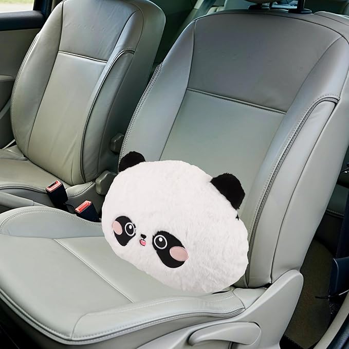 Lumbar Support Pillow for Car Seat Cushion with Cartoon Panda Cover, Plush Back Rest for Driver and Office Chair, Soft Airplane Neck Pillow for Lower Back Relief