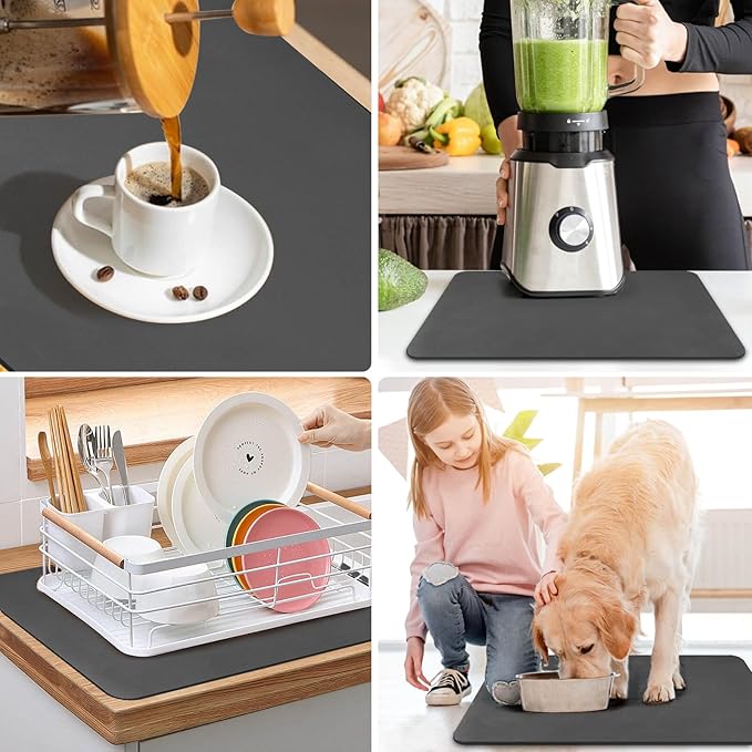 DK177 Coffee Mat - Dish Drying Mat for Kitchen Counter, Hide Stain, Absorbent with Waterproof Rubber Backing, Fit Kitchen Dish Rack Bar Accessories (Dark Gray, 24" x 16")
