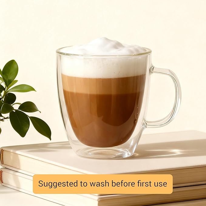 Double Walled Glass Coffee Mugs with Handle (Set of 2) - 19oz Clear Espresso Cup, Transparent Coffee Mugs for Daily Use & Gift, Transparent Mug for Hot Coffee, Iced Tea & Cappuccino (560 ml)
