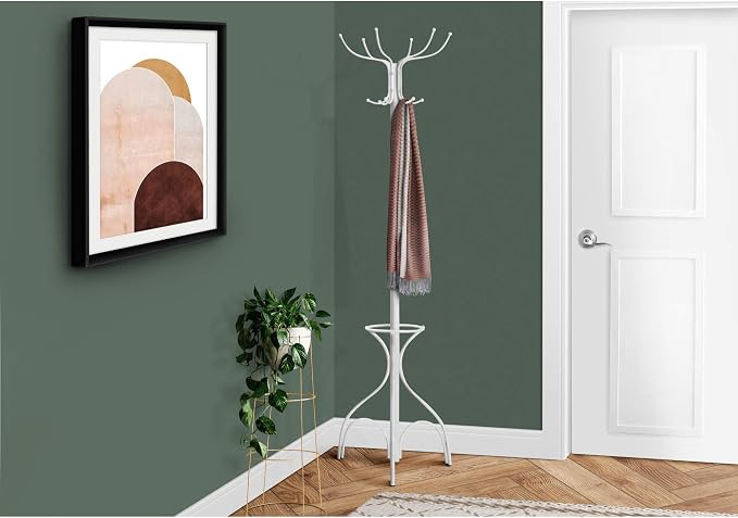 Monarch Specialties I 2030 Coat Rack, Hall Tree, Free Standing, 12 Hooks, Entryway, 70" H, Umbrella Holder, Bedroom, Metal, White, Contemporary, Modern