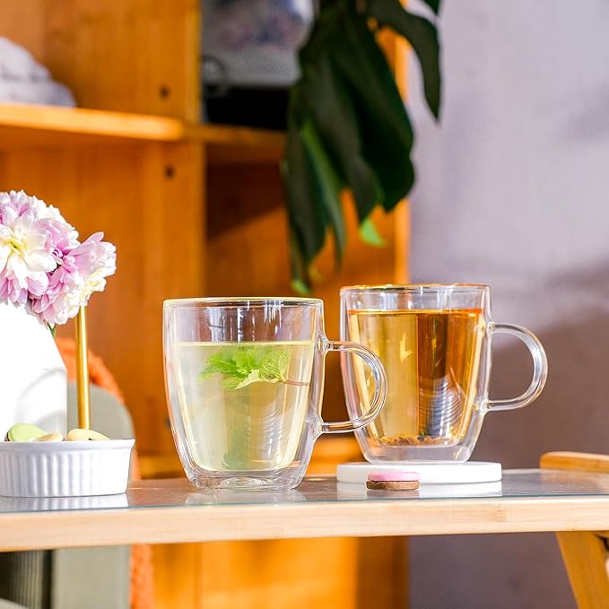 Double Wall Insulated Glass Coffee Mugs set of 4-13 oz Clear Hand Blown Glass Coffee Cups with Handle for Cappuccino, Latte,Espresso,Tea Bags,Americano,Beverages, Gifts for Christmas