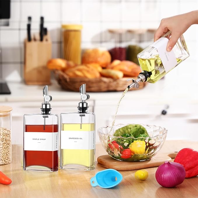4 Pcs Olive Oil Dispenser for Kitchen, Glass Olive Bottles Oil Seasoning Bottle Set Coffee Syrup Soy Sauce Dispenser(Silver,350 ml)