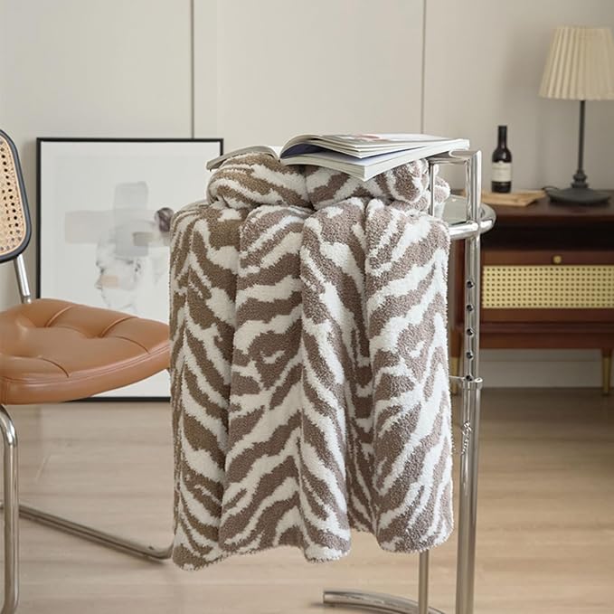 Zebra Throw Blanket 50x70 Beige Fuzzy Fleece Blankets for Couch Bed or Sofa, Soft Fluffy Cozy Thick Warm Blanket for Women, All Seasons
