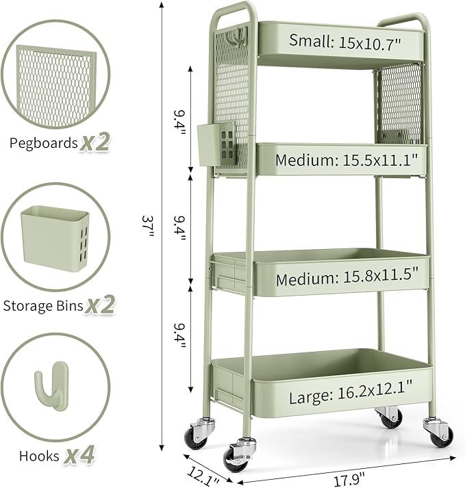 TOOLF 4 Tier Rolling Cart with Pegboard, Metal Storage Organizer Cart with Wheels, Hooks & Bins Esthetician Craft Art Sturdy Storage for Bathroom, Kitchen, Office, Nursery Diaper
