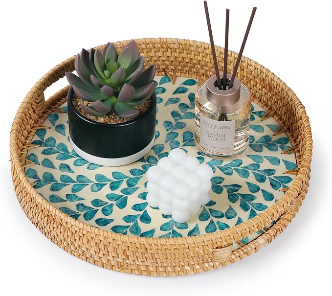 YANGQIHOME Round Rattan Tray with Handle, Mother of Pearl Inlay Decorative Wicker Basket for Coffee, Bread, Fruits, Serving Tray for Home Decor, Blue Clover