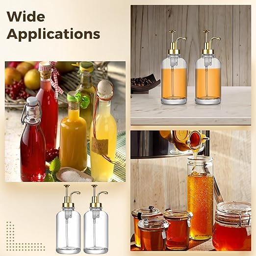 2Pcs Coffee Syrup Dispenser with Pump, 8.66 in/22 cm, 2 Gold Pumps, Includes 2 Labels, 1 Brush and 1 Funnel,Syrup Bottles for Coffee Bar,Syrup Container Dispenser,Homemade Syrup Set
