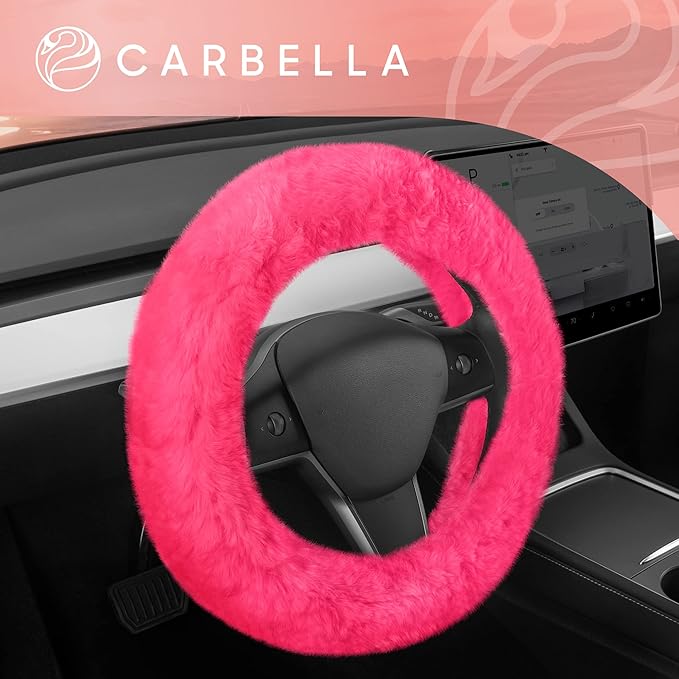 Carbella Aspen Hot Pink Fuzzy Steering Wheel Cover for Women – Cute and Stylish Fluffy Fur Steering Wheel Cover for Cars Trucks Vans SUVs, Universal Fit for Wheel Sizes 14.5 to 15.5 inches