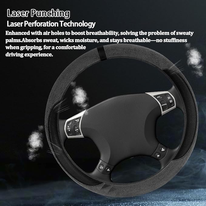 HZEL Car Steering Wheel Cover, Non-Slip Suede Leather Breathable Vehicle Steering Wheel Protector with Inner Ring, Automotive Interior Protective Accessories, Universal Fit (Carbon Black)