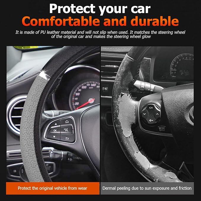 Car Steering Wheel Cover, PU Leather Elastic Vehicle Steering Wheel Protector, 14.5-15 Inches Non Slip Automotive Interior Steering Wheel Accessories, Universal Fit (Gray)