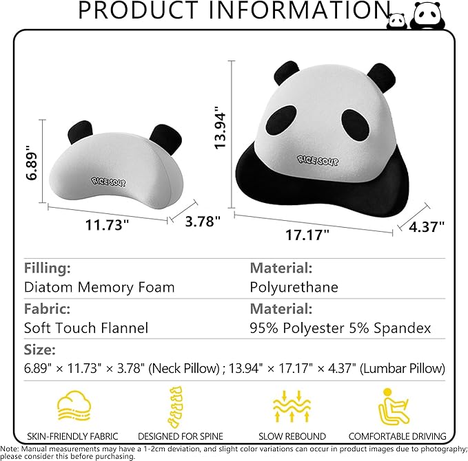 Cute Panda Car Neck Pillow & Lumbar Support Memory Foam Cushion for Driving Adjustable Headrest Waist Pillow for Most Seats (Black, Backrest)