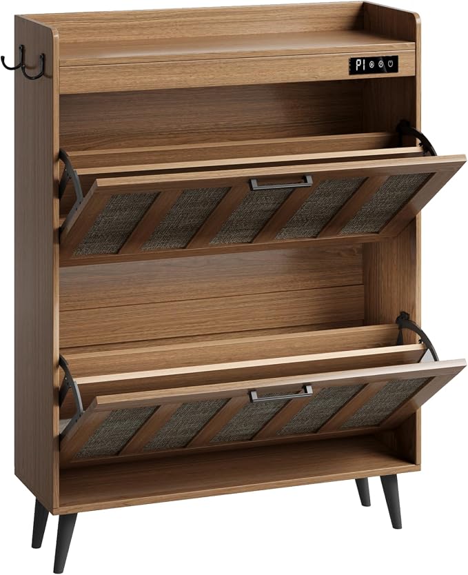 ChooChoo Shoe Storage Cabinet with 2 Flip Drawers, Deodorizing Shoe Organizer Storage for Entryway, Freestanding Hidden Slim Narrow Shoe Rack Cabinet, Rustic Oak