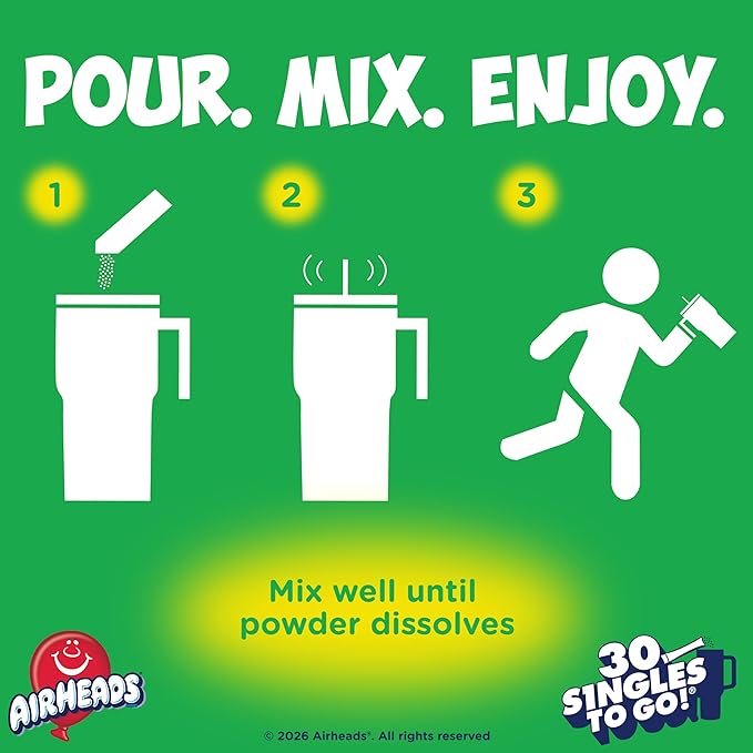 Airheads Xtreme Singles To Go! Drink Mix 30ct Variety Pack, Zero Sugar, Low Calorie, Sweet & Sour Powder Drink Mix Packets, Blue Raspberry, Rainbow Berry, White Mystery, 30 Count