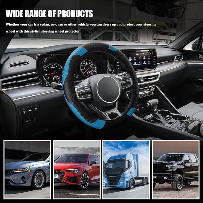 Car Steering Wheel Cover, Steering Wheel Cover Protector, 15 Inch Carbon Fiber Microfiber Leather Elastic Steering Wheel Protector, Car Steering Wheel Accessories for Vehicles (Black Blue)