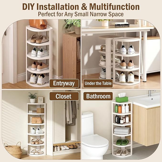 NestOrganix 10 Tier Vertical Shoe Rack, Stackable Narrow Shoe Rack Organizer for Entryway Closet Corner, Free Standing Shoe Rack Tower Shelf, Space Saving, Curved, Off White