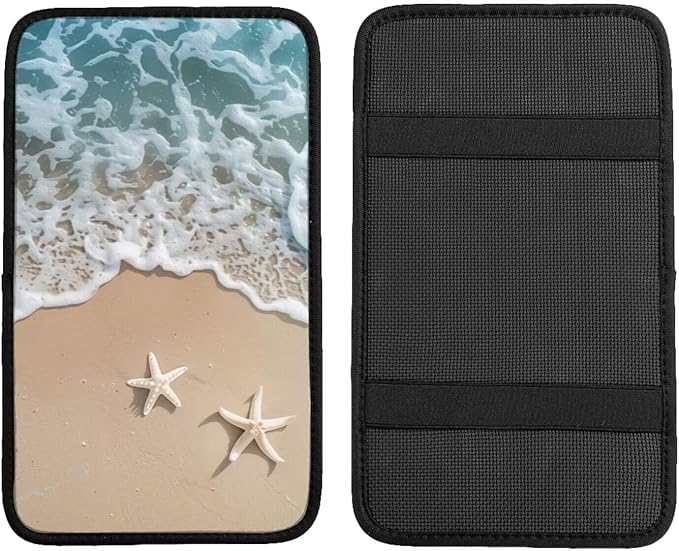 Car Center Console Cover Beach Starfish Print Armrest Cover Cushion Ocean Theme Scratch Resistant Car Center Console Cushion Pad Coastal Seascape Arm Rest Cover
