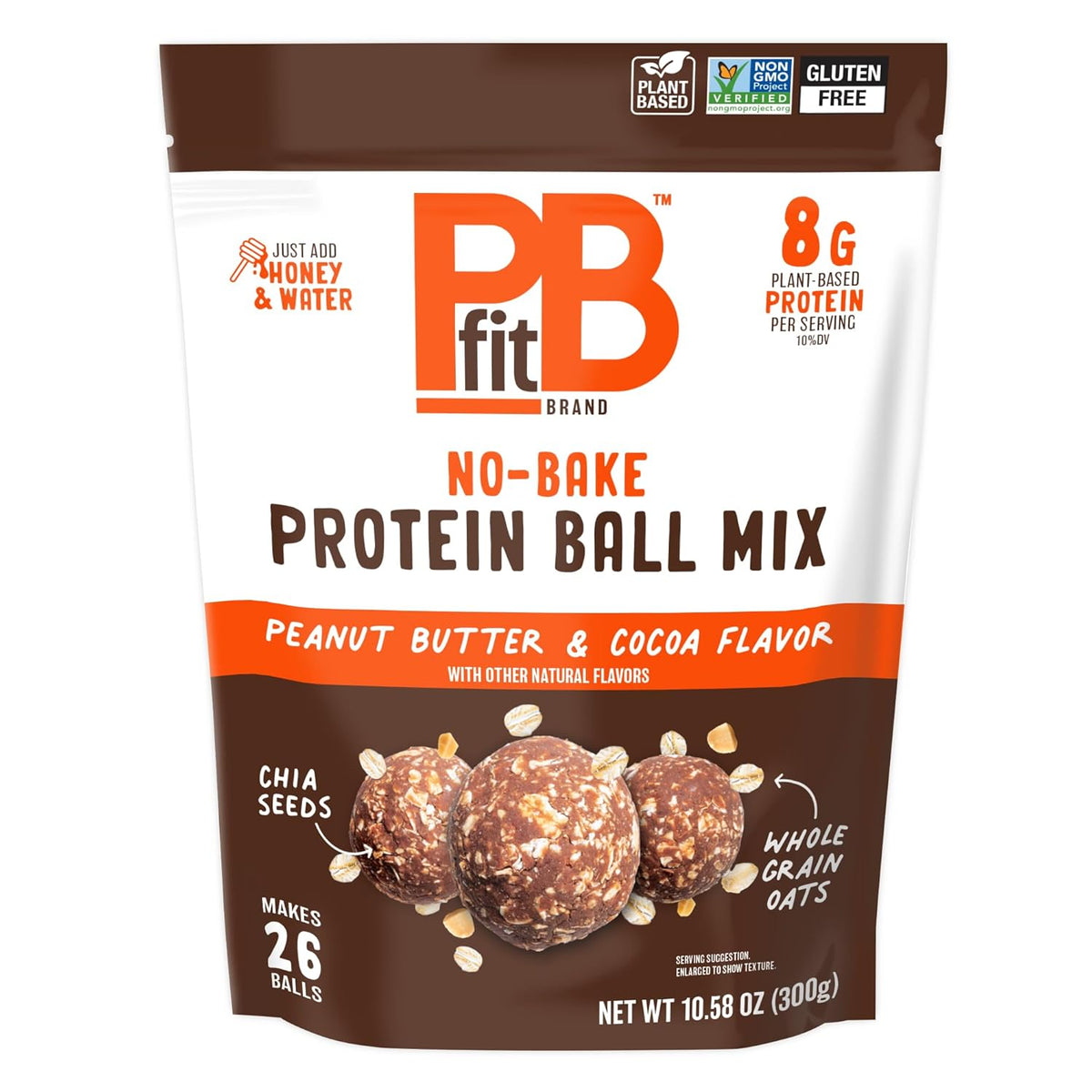 PBfit No Bake Peanut Butter Protein Ball Mix, 8g Protein, Made with Chia Seeds & Whole Grain Oats, Gluten Free, Vegan Snacks, 10.58 Oz Bag