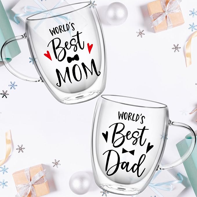 350ml Double Wall Glass Coffee Mugs Set, Clear Insulated Glass Mugs for Hot Beverages, Suitable for Tea, Latte, Espresso, Cappuccino (12 oz Dad Mom)