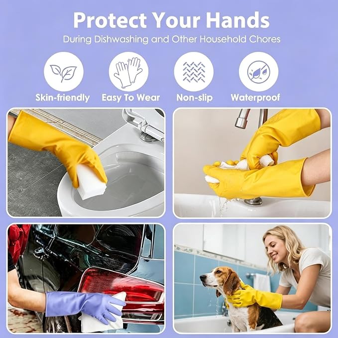 Rubber Kitchen Dishwashing Gloves - 4 Pairs Colorful Reusable Cleaning Gloves for Kitchen Washing Dishes and Household Cleaning(Large, Yellow+Blue)