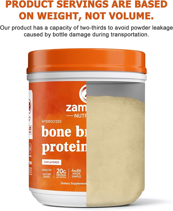 Zammex Pure Grass Fed Beef Bone Broth Protein Powder, 20g Protein, Hydrolyzed Collagen Supplement for Healthy Skin, Nails, Hair, Joints, Non-GMO, Gluten Free, Paleo & Keto Friendly, Great in Soup