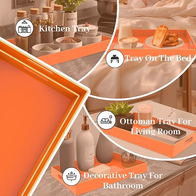 MAONAME Orange Serving Trays Set of 2, Plastic Decorative Trays with Handles, Rectangular Coffee Table Tray for Ottoman, Nesting Tray for Living Room, Bedroom