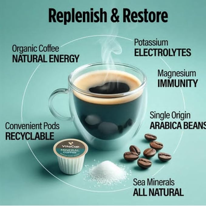 VitaCup Mineral Coffee Pods with Trace Minerals, Hydrate, Replenish & Restore, Sea Minerals, Electrolytes, Organic Coffee, Medium Dark Roast, Single Serve Pod Compatible with Keurig K-Cup Brewers,32Ct