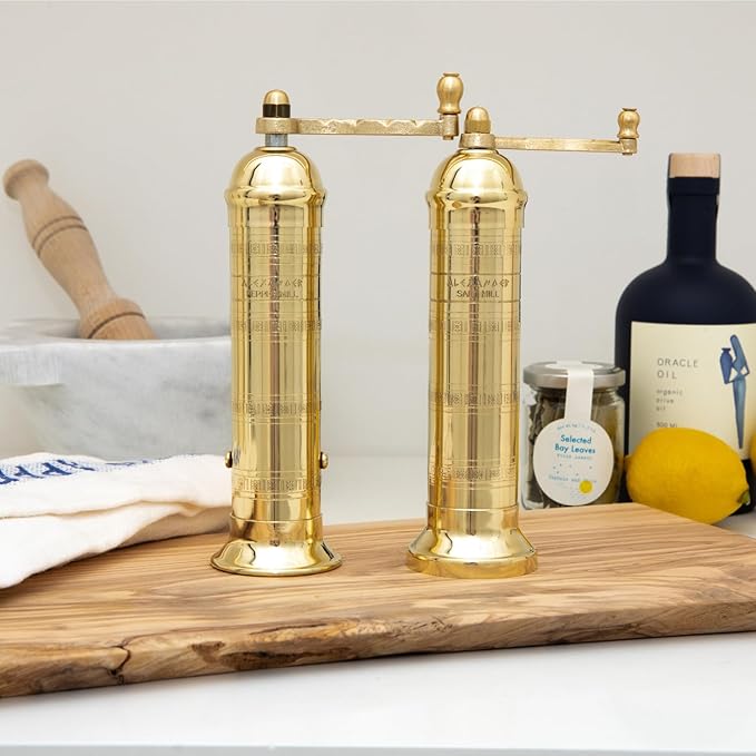 Original Greek Pepper Mill, 9-Inch Brass – European Manual Pepper Grinder, Refillable, with Polishing Cloth