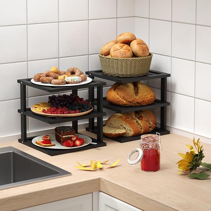 4 Pack Bamboo Corner Shelf,3 Tier Kitchen Cabinet Organizer for Plates and Dishes,Pantry Storage and Spice Rack(Black)