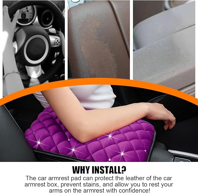 Car Center Console Cover, Crystal Rhinestone Fluffy Soft Vehicle Armrest Seat Box Cushion Pad, Automotive Interior Middle Console Protector, Universal for Automobile RV Truck (Purple)