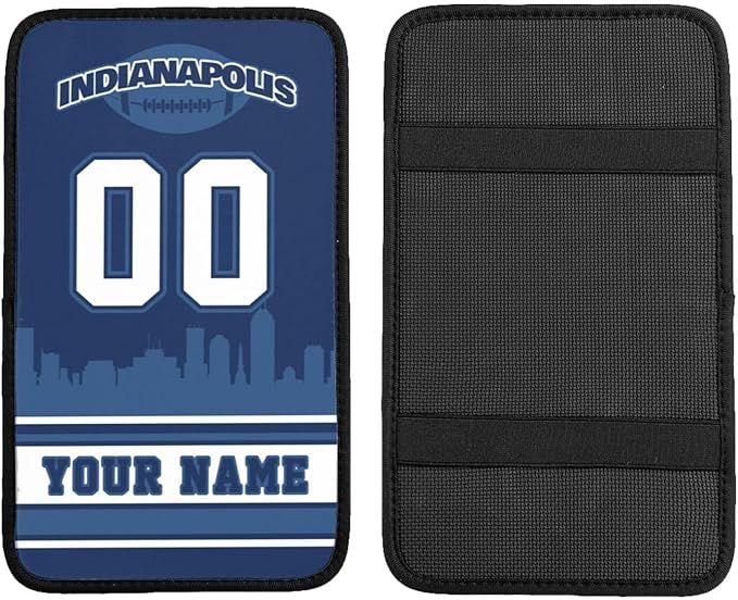 Custom Indianapolis Car Armrest Covers Personalized Football Style with Name Number Customized Auto Center Console Pad Car Handrail Box Cushion for Most Vehicle Decor Accessories, Fans Gift