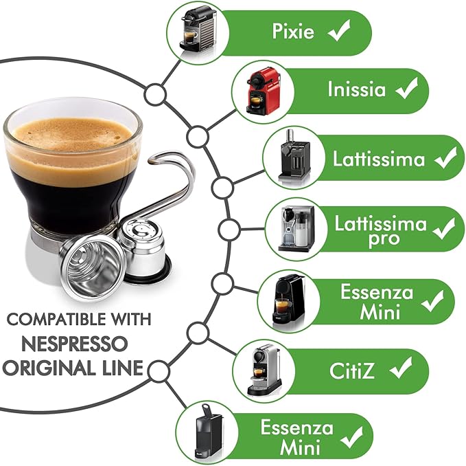 CAPMESSO Reusable Capsules for Nespresso OriginalLine, 6pcs Refillable Pods - Stainless Steel Coffee Pods Compatible with Nespresso OriginalLine Machine (6 Pods + 100 Lids + Wood Storage Tray)