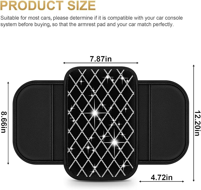 Bling Center Console Cover with 2 Side Pockets Fit for Tacoma Multi-Functional Car Armrest Cushion Diamond-Studded Rhombus Pattern Style(Black&Silver Diamond)