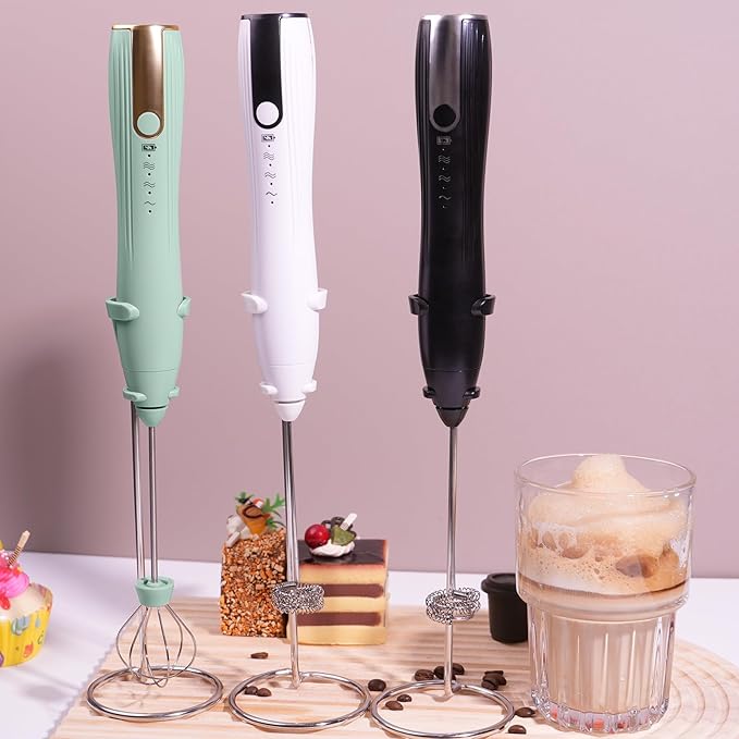 Milk Frother Handheld with Stand, Rechargeable Coffee Frother Wand with 2 Stainless Whisks 3 Speeds, Drink Mixer, Electric Foam Maker, Hand Mixer for Lattes, Cappuccino, Matcha, Egg, White