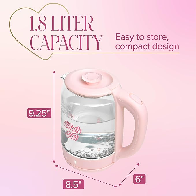 Paris Hilton Electric Kettle, Fast Boil with Auto Shut-Off, LED Indicator, 360° Base, Cord Storage, 1.8-Liter, Glass, Pink