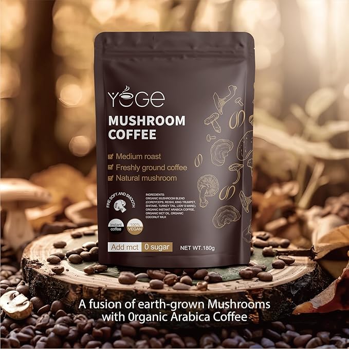 Mushroom Coffee, Instant Mushroom Coffee with Cordyceps, Reishi, King Trumpet, Shitake, Turkey Tail, Lions Mane for Energy, Focus, Positive Mood & Immune Support (30 Servings)