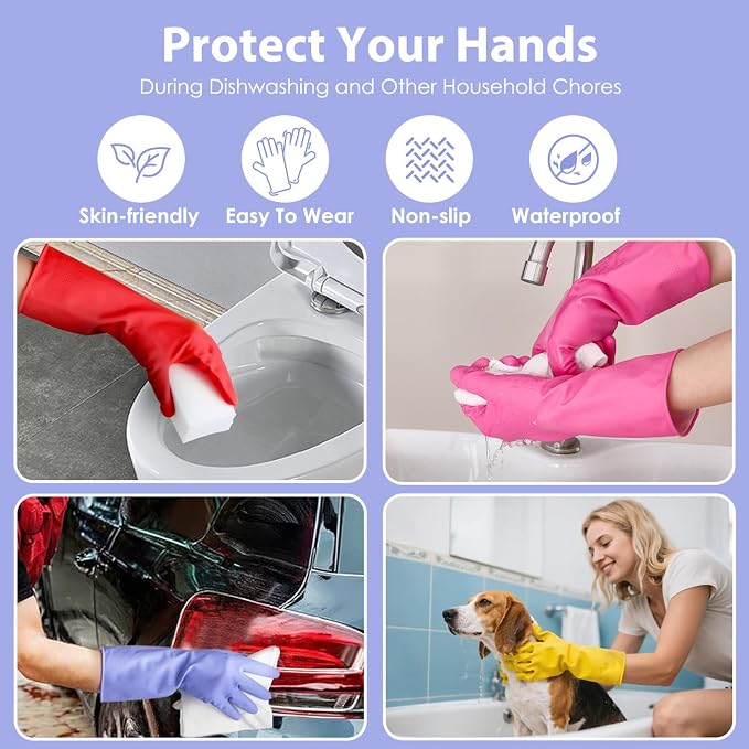 Rubber Kitchen Dishwashing Gloves - 4 Pairs Colorful Reusable Cleaning Gloves for Kitchen Washing Dishes and Household Cleaning(Large, Blue+Pink+Yellow+Red)