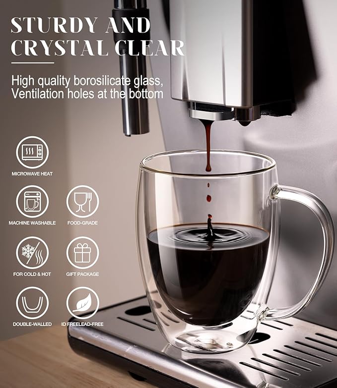 Double Walled Glass Coffee Mugs Set of 2, 12.5OZ Hand Blown Insulated Clear Glass Coffee Cups with Handle,Perfect for Latte,Cappuccino, Espresso, American,Tea Bag, Beverage