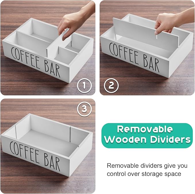 ALELION White Coffee Station Organizer with Removable Dividers – Wooden Coffee Bar Countertop Organizer for Pods, Stirrers, Sugar Packets & Lids, Kitchen, Office, Café Use