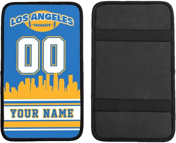 Custom Los Angeles Car Armrest Covers Personalized Football Style with Name Number Customized Auto Center Console Pad Car Handrail Box Cushion for Most Vehicle Decor Accessories, Fans Gift