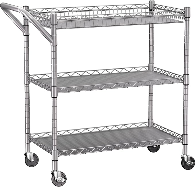 3 Tier Heavy Duty Rolling Utility Cart,18" D x 30" W x 36.6" H Rolling Carts with Wheels,Commercial Grade Metal with Handle Bar & Shelf Liner,Trolley Serving Storage Cart for Kitchen Silver