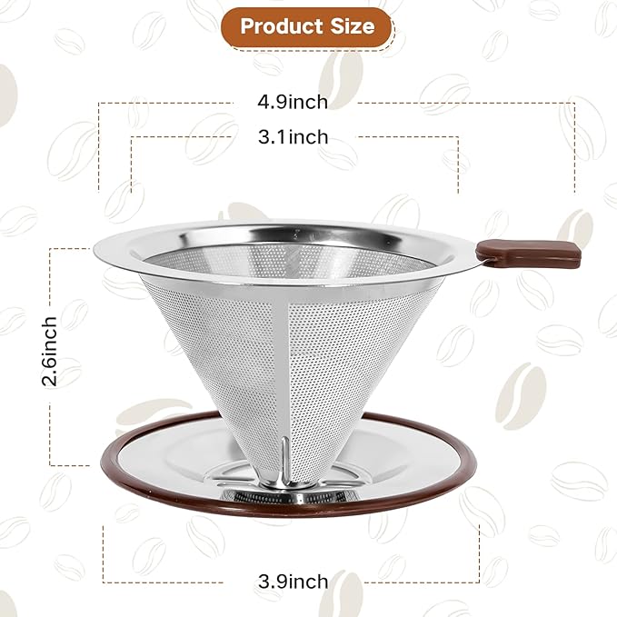 Pour Over Coffee Dripper,Reusable Stainless Steel Drip Cone Coffee Filter, Update Double Ultra Fine Micro Mesh Filter, Professional Paperless Drip Brew Coffee Cone Maker with Cup Stand,1-2 Cup