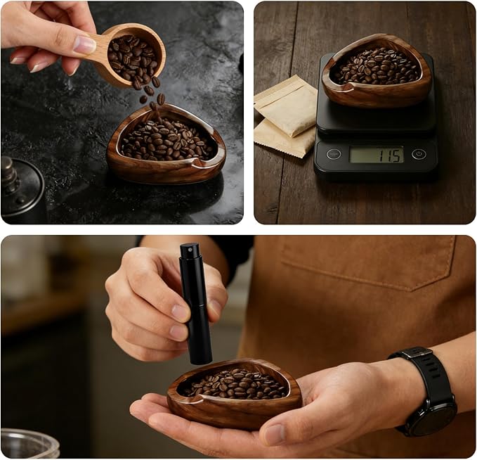 2 Coffee Bean Spray Bottles with Walnut Wood Dosing Cup Set – Anti-Static Spray for Coffee Beans, Espresso Bar Walnut Dosing Cup Accessories